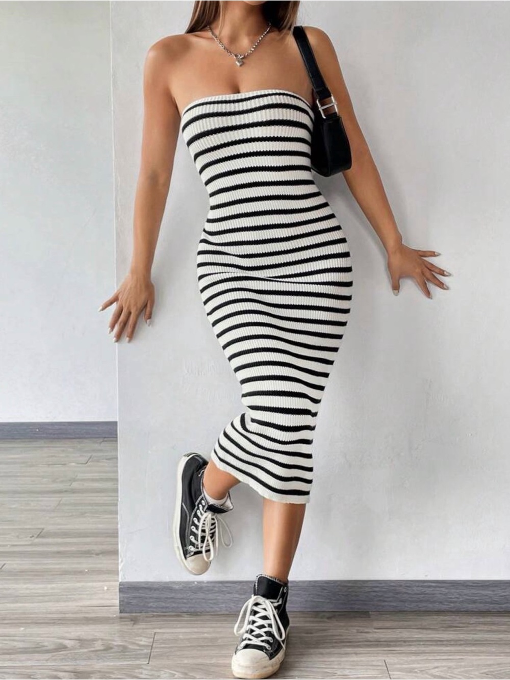 SHEIN Striped Tube Strapless Black & White Sweater Dress Size Medium